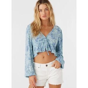 O'neill ALENA CROP TOPFront Tie Long Sleeve Crop Blue Size Large